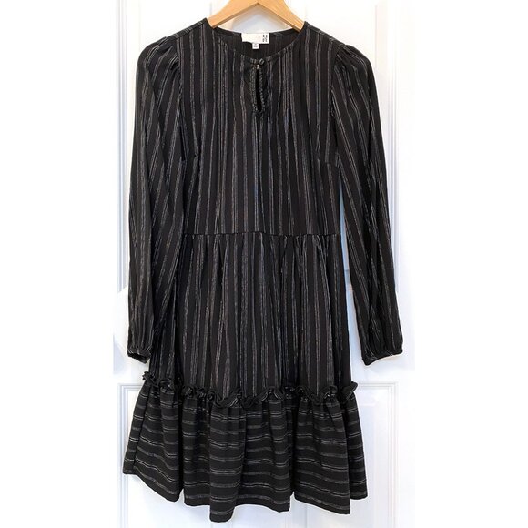 Anthropologie Ro & De Pippa Tiered Black Silver Pinstriped Long Sleeve Dress - Picture 4 of 11